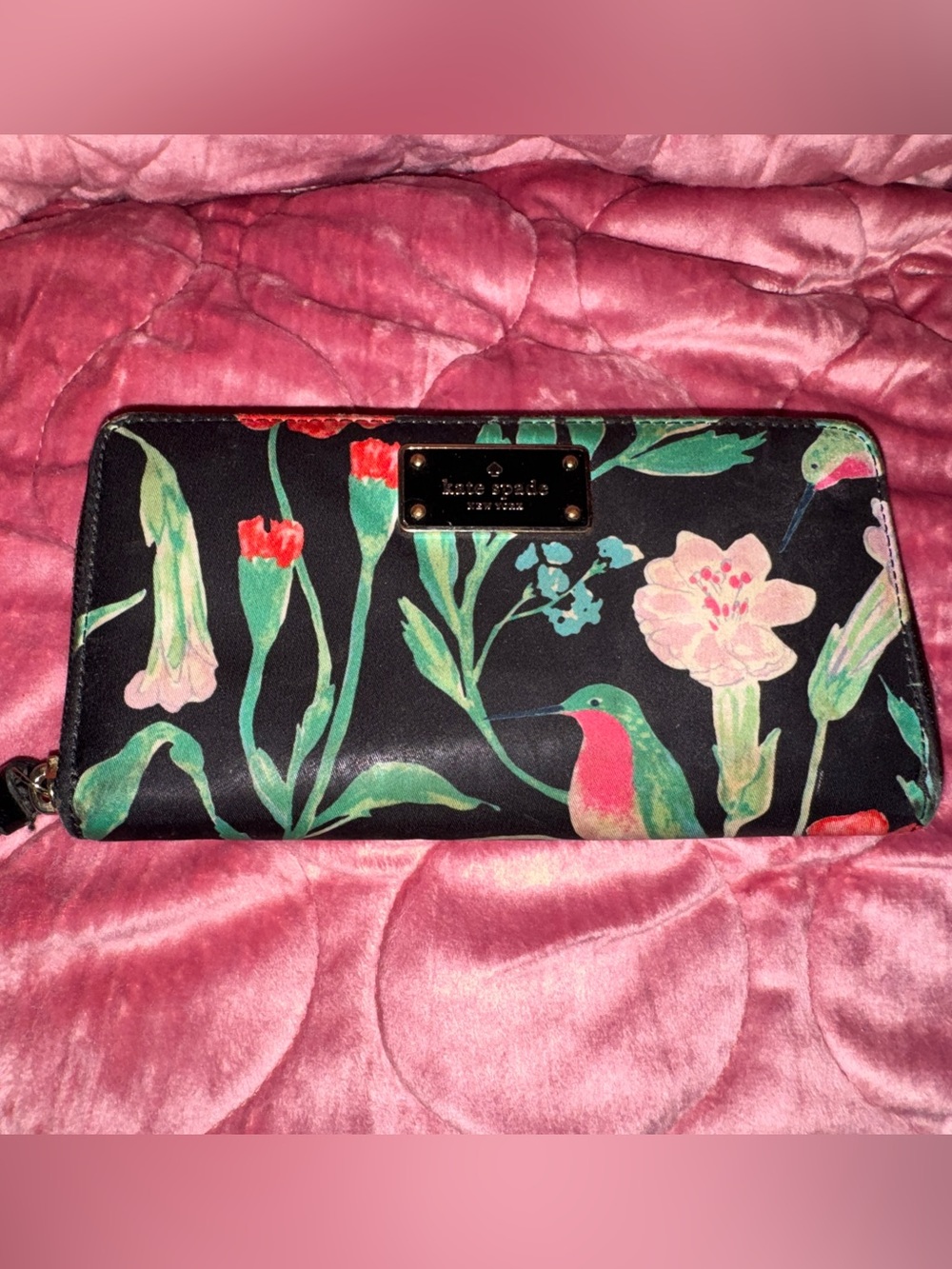 kate spade Black Floral Hummingbird Zip Wallet with Green and Pink Accents